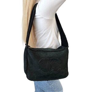 sssCHANEL Vintage Big CC Shearling Leather One Shoulder Bag Black [106245]